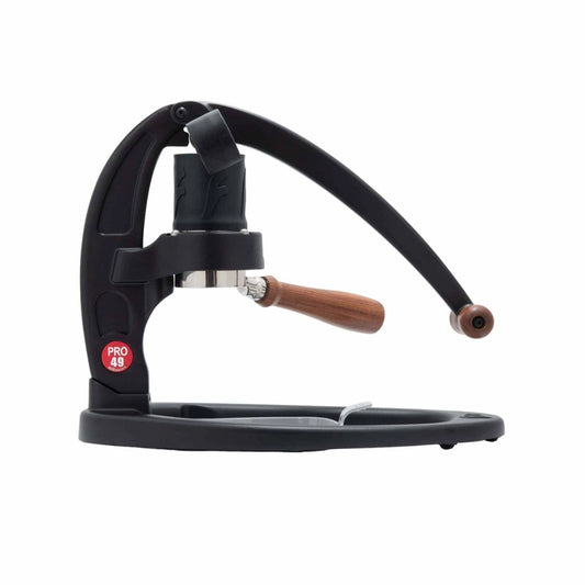 Flair 49 Pro Black manual lever espresso machine with wooden handle on a white background