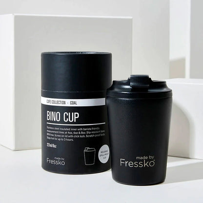 Fresko Bino 8oz coffee cup reusable travel coffee keep cup Black matte black plain coffee cups Melbourne Australia Northcote Victoria eco friendly sustainable eco packaging coffee cup no waste zero waste coffee cafe cups