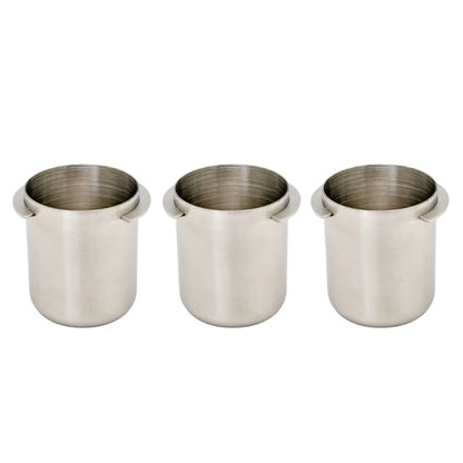 Three stainless steel coffee dosing cups on a white background - Precision and calibrated to have the same weight Basic Barista Precision Cafe Dosing Cups