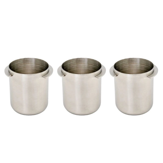 Three stainless steel coffee dosing cups on a white background - Precision and calibrated to have the same weight Basic Barista Precision Cafe Dosing Cups