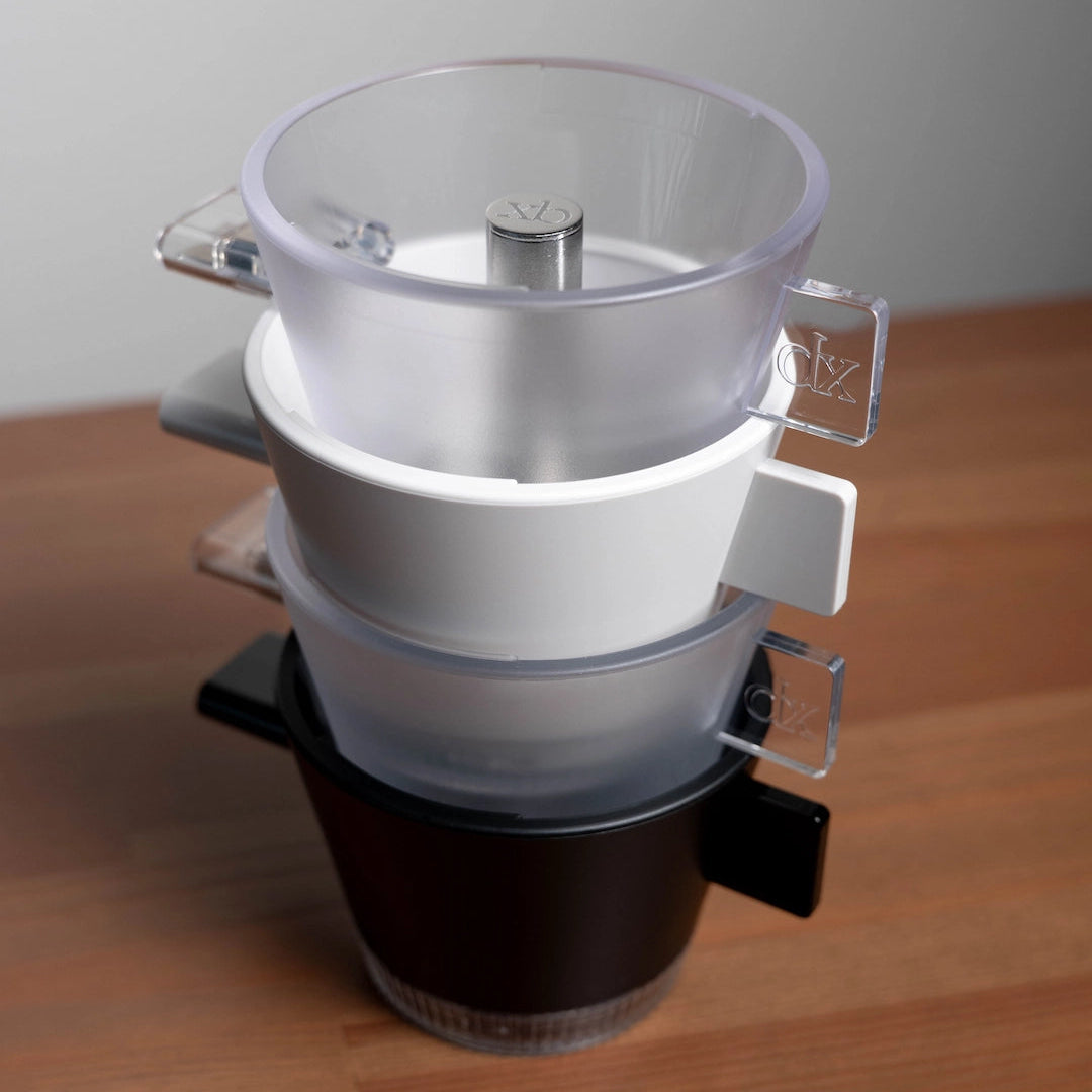 xBloom Omni Drippers stacked Clear Omni Dripper, White Omni Dripper, Black Omni ripper Basic Barista Coffee Gear Online, xBloom Omni Tea Dripper