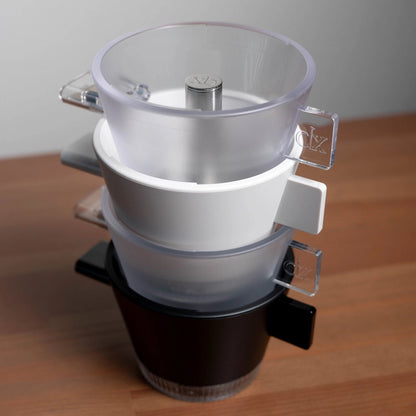 xBloom Omni Drippers stacked Clear Omni Dripper, White Omni Dripper, Black Omni ripper Basic Barista Coffee Gear Online, xBloom Omni Tea Dripper