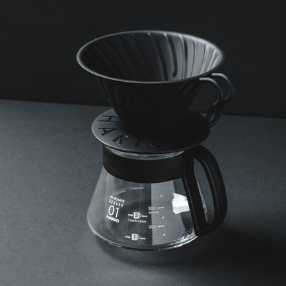 HARIO V60 Metal Matte Black Pour Over Coffee Dripper on Glass HARIO server - Basic Barista Coffee Content Photography Brew Gear Coffee Drippers Online Brew Gear